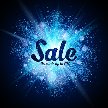 Vector Sale sign on blue glitter cosmic splash at dark backgroundのイラスト素材