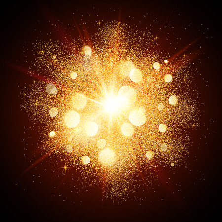 Golden dust vector firework explosion on dark red backgroundのイラスト素材