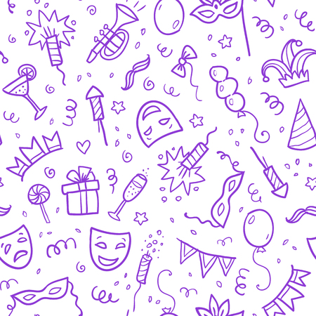 Violet carnival symbols in doodle style on white background, vector seamless patternのイラスト素材
