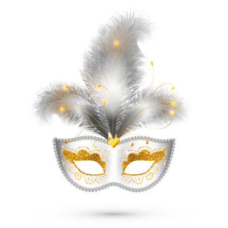 White vector carnival mask with golden glitter decoration and realistic silver feathersのイラスト素材