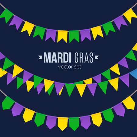 Vector Mardi Gras traditional flags set isolated on dark backgroundのイラスト素材