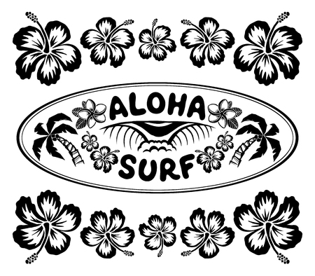 Oval surfing style label with sign Aloha Surf and hibiscus flowers vector frameのイラスト素材