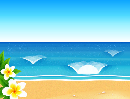 Vector sunny beach with waves and frangipani flowersのイラスト素材