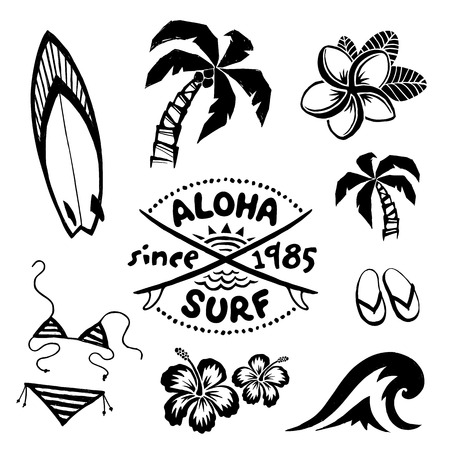 Tropical surfing and relax symbols vector ink sketch set in tattoo styleのイラスト素材