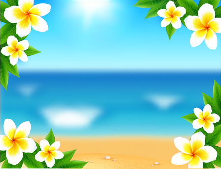 Blurred ocean waves vector tropical greeting card background with frangipani flowersのイラスト素材