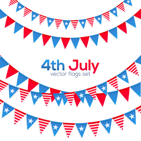 4th July USA Independence day vector triangular flags ropes set on light backgroundのイラスト素材