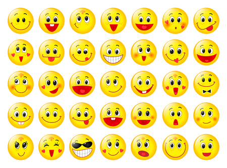 Yellow happy round emoticon faces set isolated on whiteのイラスト素材