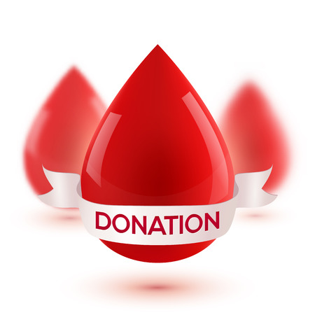 Red vector realistic blood drops with white ribbon and donation signのイラスト素材