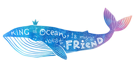Blue vector whale with lettering - King of Ocean is my best Friend in watercolor styleのイラスト素材