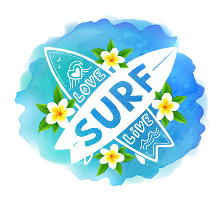 White vector crossing surfing boards with hand drawn sign Love, Live, SURF on blue watercolor splash and bali flowers backgroundのイラスト素材
