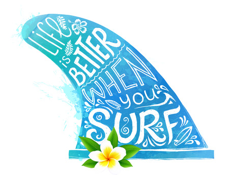 Blue watercolor style vector surfing fin silhouette with white hand drawn lettering and realistic Bali flower isolated on white backgroundのイラスト素材
