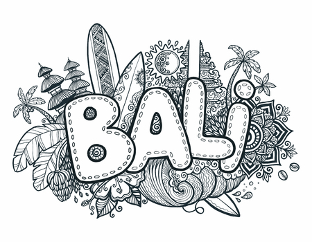 Black vector Bali sign on hand drawn doodle style symbols of Bali island - temples, flowers, palms, waves and surfing boardsのイラスト素材