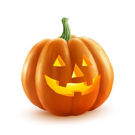 Realistic vector Halloween pumpkin with candle inside. Happy face Halloween pumpkin isolated on white background.のイラスト素材