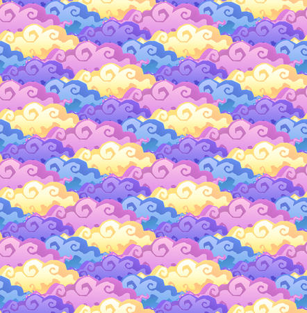 Blue, pink, yellow and violet cartoon style clouds vector seamless patternのイラスト素材