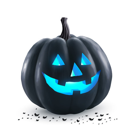 Black Halloween pumpkin with blue neon light inside - holiday symbol isolated on white backgroundのイラスト素材