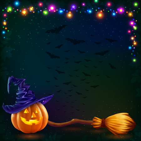 Vector Halloween pumpkin and witchs broom on dark background with colorful lamps garlandのイラスト素材