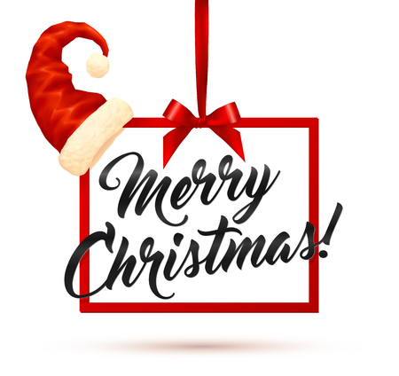 illustration of red square frame hanging on red silky ribbon with bow, black Merry Christmas calligraphic sign inside and funny Santas hat on angleのイラスト素材
