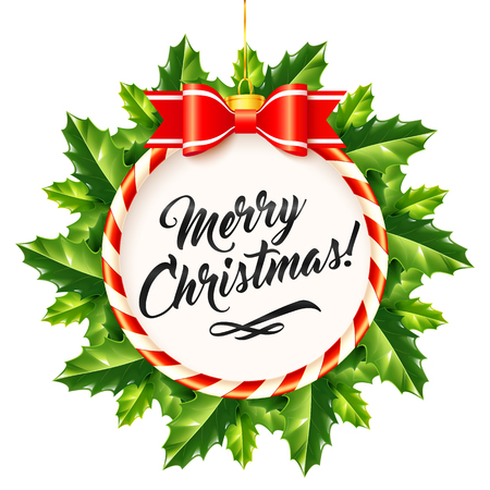 Vector Merry Christmas calligraphic sign in traditional Christmas candy frame with red bow and holly wreath on white backgroundのイラスト素材