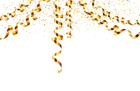 Vector golden serpentine diagonal ribbons hanging from the top with golden dust on backgroundのイラスト素材