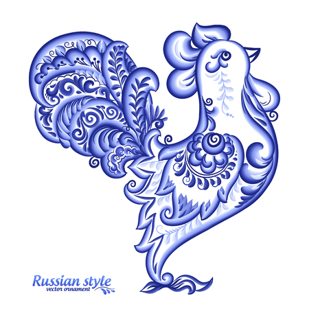 Russian traditional gzhel style blue vector rooster , vector Chinese symbol of 2017 new yearのイラスト素材