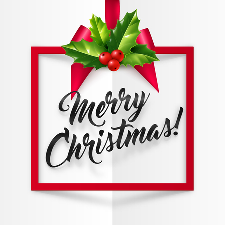 Vector Merry Christmas calligraphic lettering in red hanging frame with holly and red ribbonのイラスト素材
