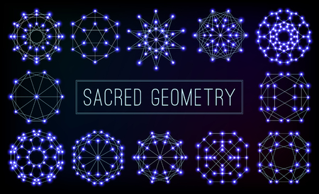 Blue cosmic sacred geometry symbols vector set on dark backgroundのイラスト素材