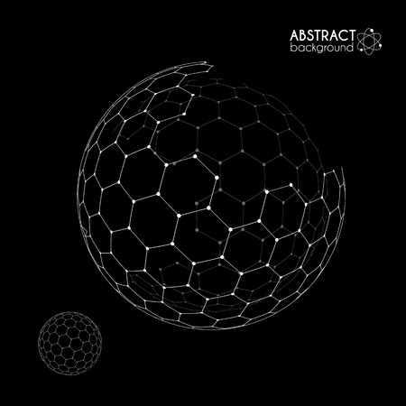 Vector hexagonal grid broken sphere planet model isolated on black backgroundのイラスト素材