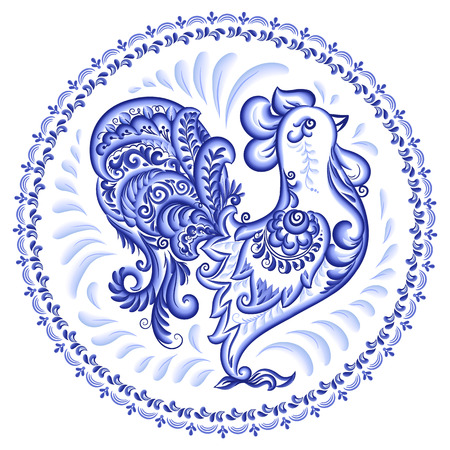 Blue ornate rooster in Russian gzhel style with round frame, vector plate ornament on white backgroundのイラスト素材