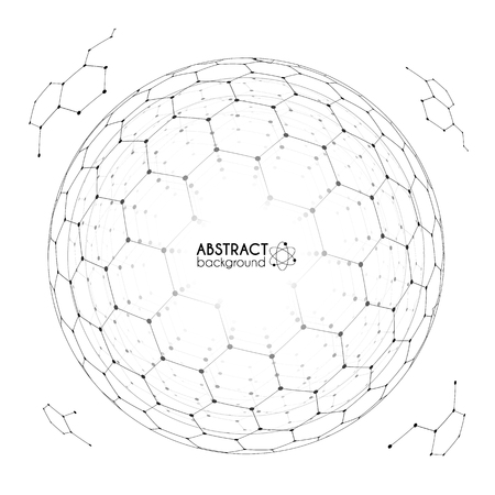 Physics and chemistry science concept with hexagonal grid vector spheres with fragments isolated on white backgroundのイラスト素材