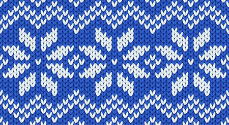Blue vector realistic knit seamless pattern with white snowflakes and zig zag ornament tileのイラスト素材