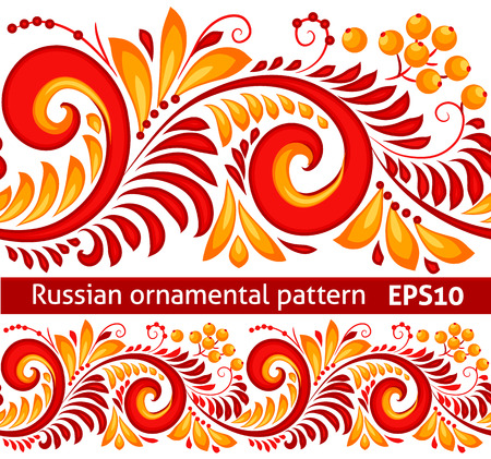 Vector red and yellow floral ornamental pattern in traditional Russian style Hohlomaのイラスト素材