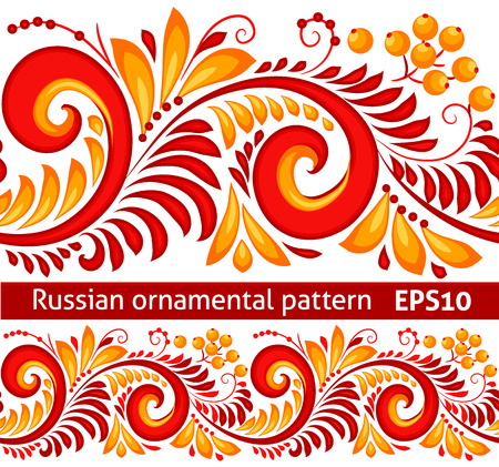 Vector red and yellow floral ornamental pattern in traditional Russian style Hohloma