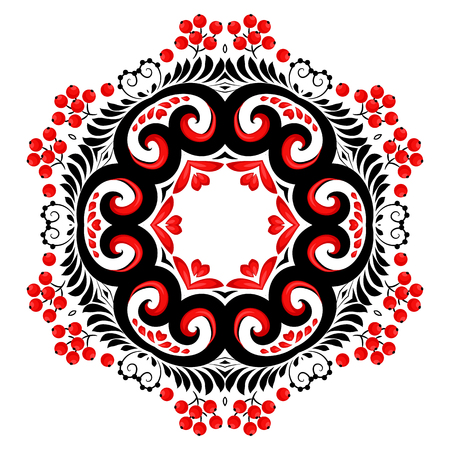 Ornate vector floral round frame in Russian hohloma style isolated on white backgroundのイラスト素材