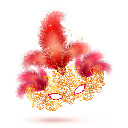 Golden glitter ornate carnival mask with bright red feathers isolated on white backgroundのイラスト素材