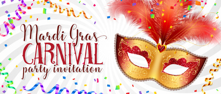 Red and golden carnival mask with feathers on twisted white background, vector Mardi Gras invitation flyer templateのイラスト素材