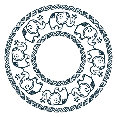 Vector tribal hand drawn elephants round frameのイラスト素材