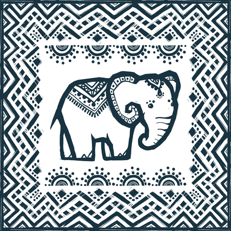 Vector tribal zigzag ornament frame with ethnic elephantのイラスト素材