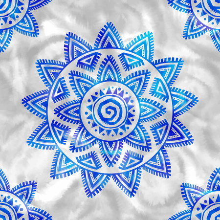 Boho style shibori blue watercolor tribal ornament on white grunge background vector seamless patternのイラスト素材
