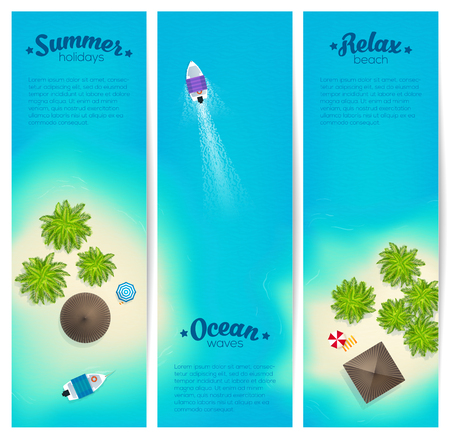 Tropic islands with palms, villas, beach and boats. Vector vertical banners set.のイラスト素材