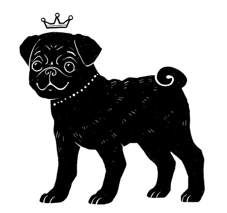 Black vector pug silhouette with crownのイラスト素材