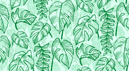 Green sketched tropical leaves vector seamless pattern on mint backgroundのイラスト素材