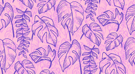 Pink and violet tropic leaves sketch vector seamless patternのイラスト素材