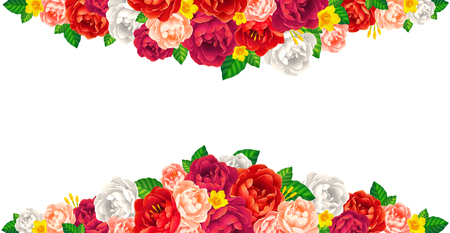 Bright red pink white roses and peonies horizontal frame, vector wedding or birthday card backgroundのイラスト素材