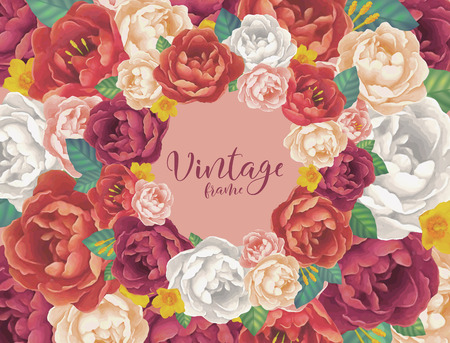 Red, white and purple peony flowers vector vintage card floral backgroundのイラスト素材