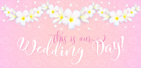 Wedding day vector card template with lacy pink background and frangipani flowersのイラスト素材