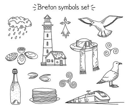 Vector breton elements: lighthouse, seagulls, traditional hut, train, cidre and crepes, seafood and rainy cloud, triskele and hermine.