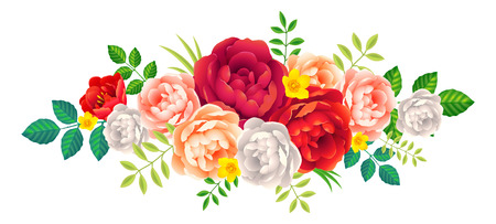 Beautiful peony flowers and leaves vector decoration floral element on white backgroundのイラスト素材