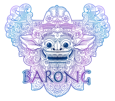 Blue and violet colours doodle style vector balinese lion god Barong mask isolated on whiteのイラスト素材