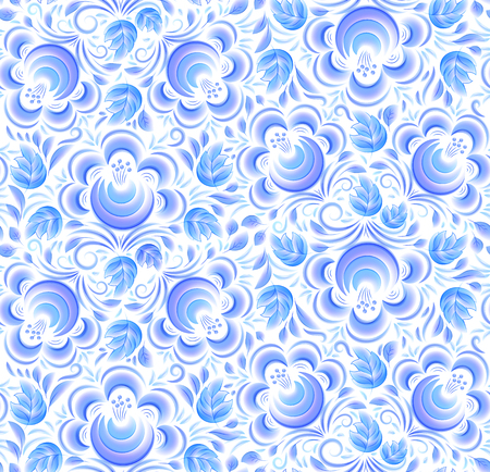 Blue painted flowers ornament in Russian gzhel style vector seamless patternのイラスト素材
