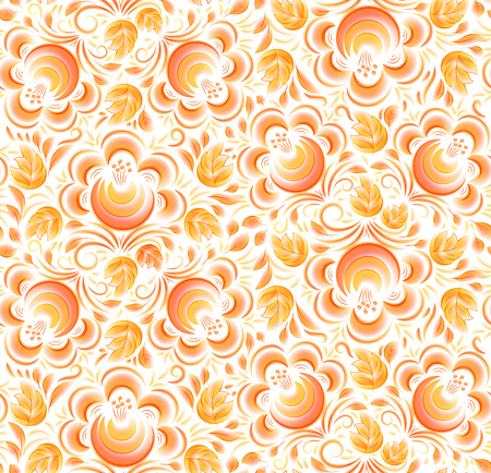 Orange color vector floral seamless pattern tile in hohloma styleのイラスト素材